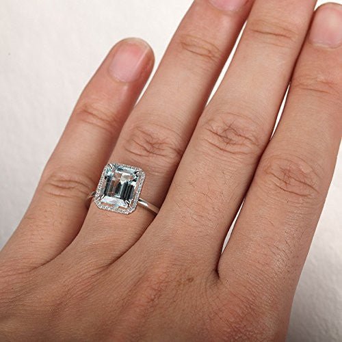 Emerald Cut Aquamarine Diamond Halo Engagement Ring 14K White Gold - Lord of Gem Rings