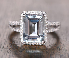 Emerald Cut Aquamarine Diamond Halo Split Shank Engagement Ring - Lord of Gem Rings