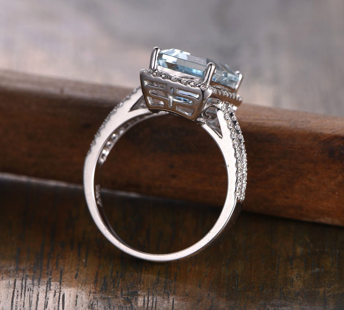 Emerald Cut Aquamarine Diamond Halo Split Shank Engagement Ring - Lord of Gem Rings