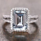 Emerald Cut Aquamarine Diamond Halo Split Shank Engagement Ring - Lord of Gem Rings