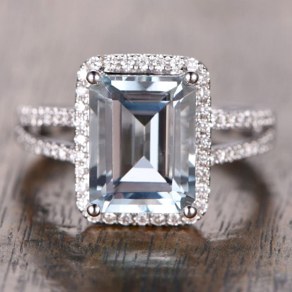 Emerald Cut Aquamarine Diamond Halo Split Shank Engagement Ring - Lord of Gem Rings