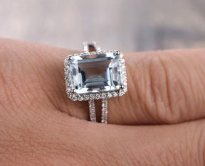 Emerald Cut Aquamarine Diamond Halo Split Shank Engagement Ring - Lord of Gem Rings