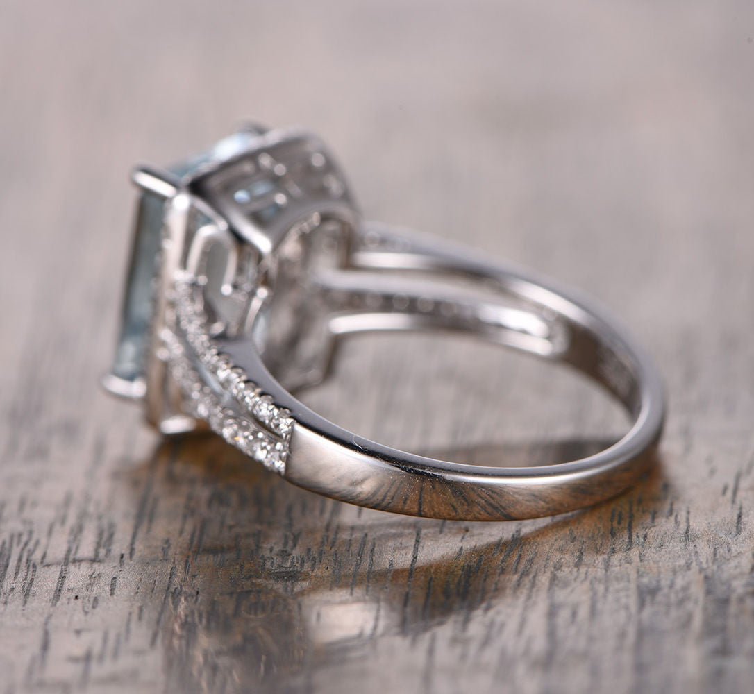 Emerald Cut Aquamarine Diamond Halo Split Shank Engagement Ring - Lord of Gem Rings
