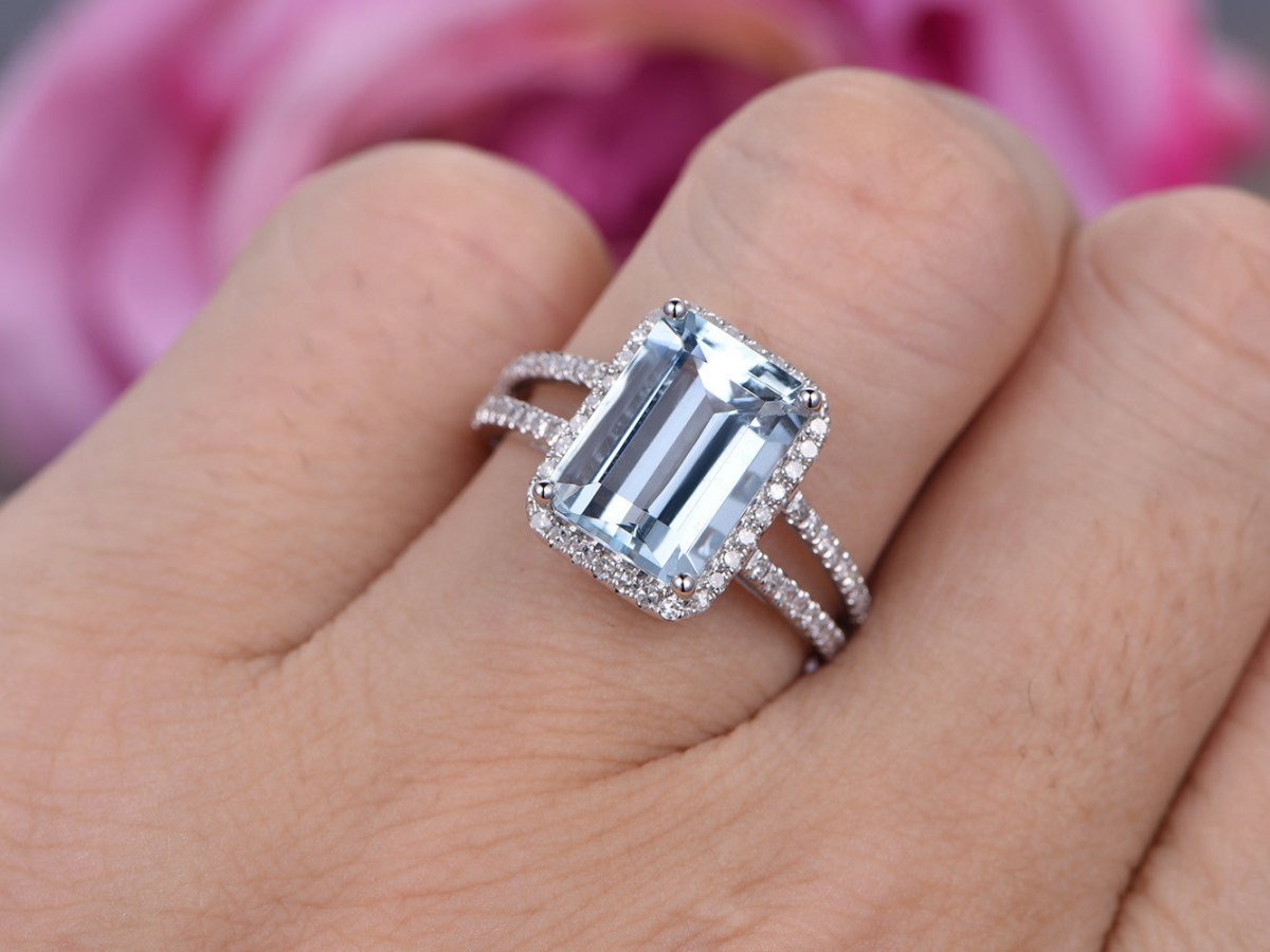 Emerald Cut Aquamarine Diamond Halo Split Shank Ring 14K White Gold - Lord of Gem Rings