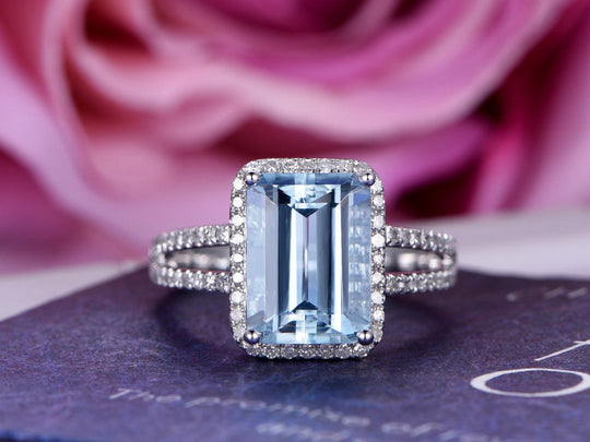 Emerald Cut Aquamarine Diamond Halo Split Shank Ring 14K White Gold