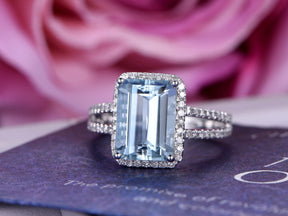 Emerald Cut Aquamarine Diamond Halo Split Shank Ring 14K White Gold - Lord of Gem Rings