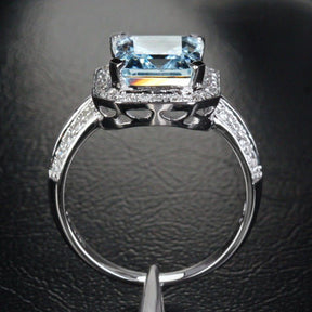 Emerald Cut Aquamarine Double Row Diamond Shank Halo Ring 14K White Gold - Lord of Gem Rings