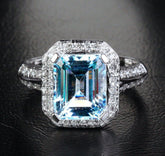 Emerald Cut Aquamarine Double Row Diamond Shank Halo Ring 14K White Gold - Lord of Gem Rings