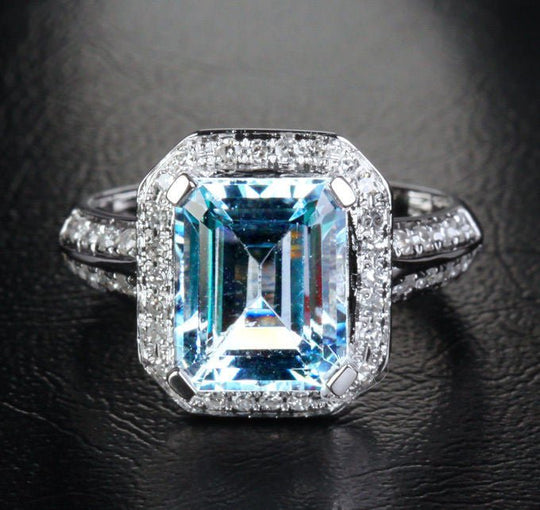 Emerald Cut Aquamarine Double Row Diamond Shank Halo Ring 14K White Gold