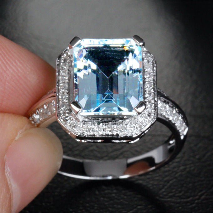 Emerald Cut Aquamarine Double Row Diamond Shank Halo Ring 14K White Gold - Lord of Gem Rings