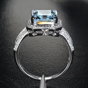 Emerald Cut Aquamarine Double Row Diamond Shank Halo Ring - Lord of Gem Rings