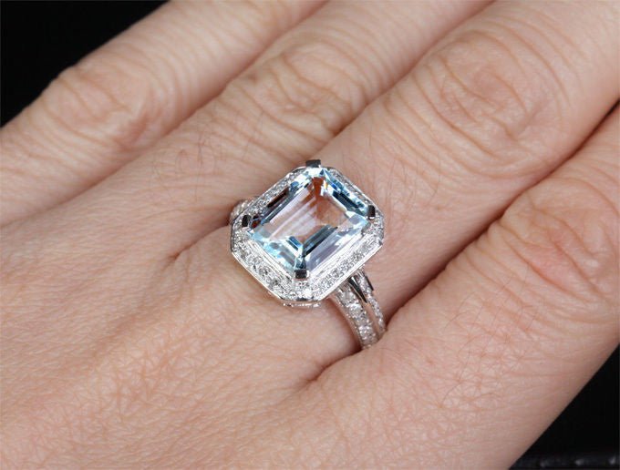 Emerald Cut Aquamarine Double Row Diamond Shank Halo Ring - Lord of Gem Rings