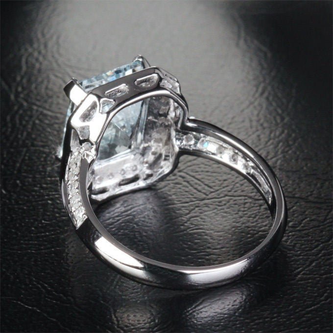 Emerald Cut Aquamarine Double Row Diamond Shank Halo Ring - Lord of Gem Rings