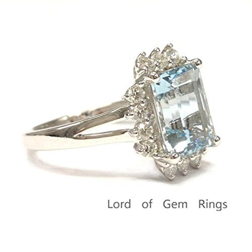 Emerald Cut Aquamarine Ring Diamond Floral Halo 14K White Gold - Lord of Gem Rings