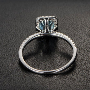 Emerald Cut Aquamarine Ring Diamond Halo with Accents 14K White Gold - Lord of Gem Rings