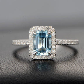 Emerald Cut Aquamarine Ring Diamond Halo with Accents 14K White Gold - Lord of Gem Rings