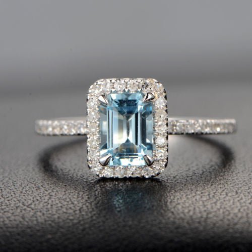 Emerald Cut Aquamarine Ring Diamond Halo with Accents 14K White Gold