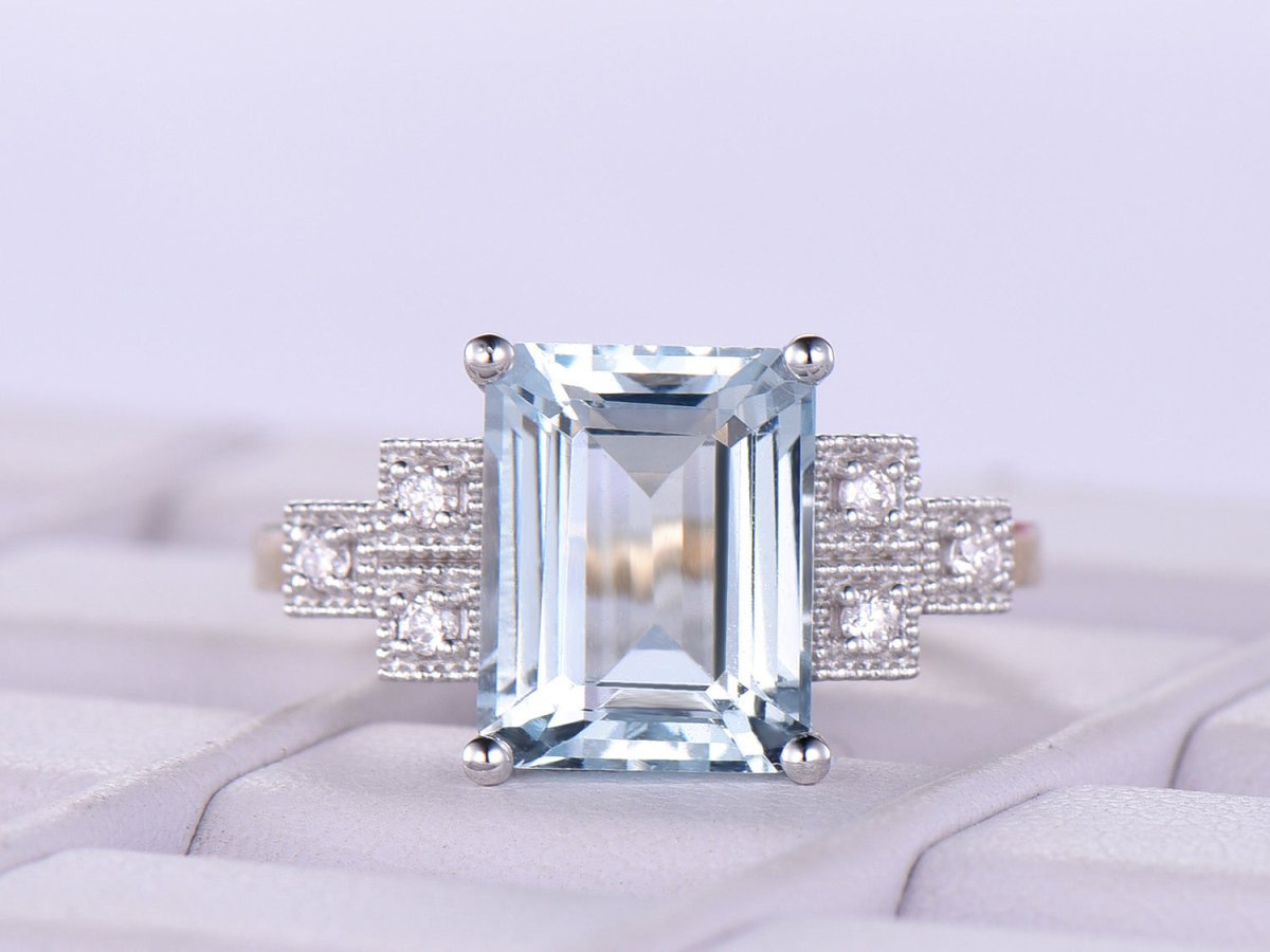 Emerald Cut Aquamarine Triple Diamond Milgrain Square Shank in Two Tone Gold - Lord of Gem Rings