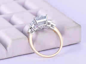 Emerald Cut Aquamarine Triple Diamond Milgrain Square Shank in Two Tone Gold - Lord of Gem Rings