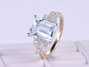 Emerald Cut Aquamarine Triple Diamond Milgrain Square Shank in Two Tone Gold - Lord of Gem Rings