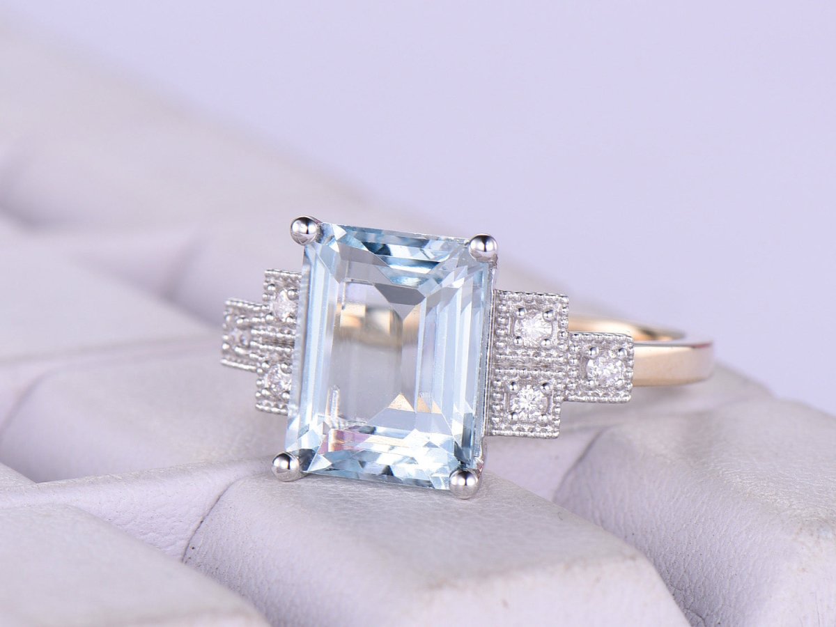 Emerald Cut Aquamarine Triple Diamond Milgrain Square Shank in Two Tone Gold - Lord of Gem Rings