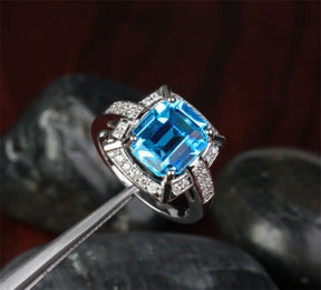 Emerald Cut Blue Topaz Diamond Engagement Ring 14k White Gold - Lord of Gem Rings