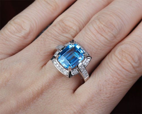 Emerald Cut Blue Topaz Diamond Engagement Ring 14k White Gold - Lord of Gem Rings