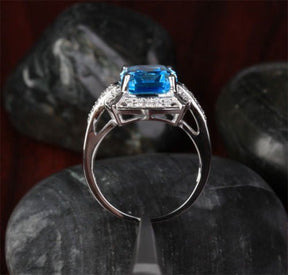 Emerald Cut Blue Topaz Diamond Engagement Ring 14k White Gold - Lord of Gem Rings