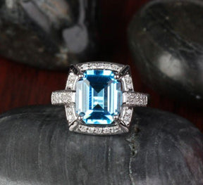 Emerald Cut Blue Topaz Diamond Engagement Ring 14k White Gold - Lord of Gem Rings