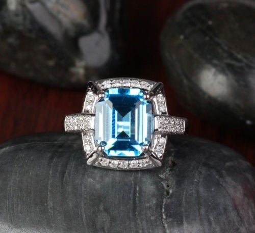 Emerald Cut Blue Topaz Diamond Engagement Ring 14k White Gold