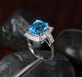 Emerald Cut Blue Topaz Diamond Engagement Ring 14k White Gold - Lord of Gem Rings