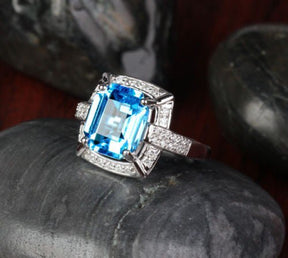 Emerald Cut Blue Topaz Diamond Engagement Ring 14k White Gold - Lord of Gem Rings