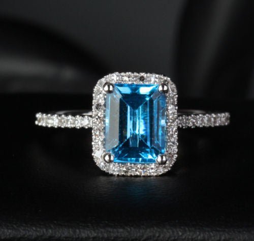 Emerald Cut Blue Topaz Diamond Halo Engagement Ring