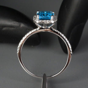 Emerald Cut Blue Topaz Diamond Halo Engagement Ring - Lord of Gem Rings