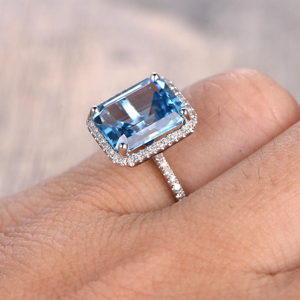 Emerald cut Blue Topaz Engagement Ring Diamond Halo 14K White Gold - Lord of Gem Rings