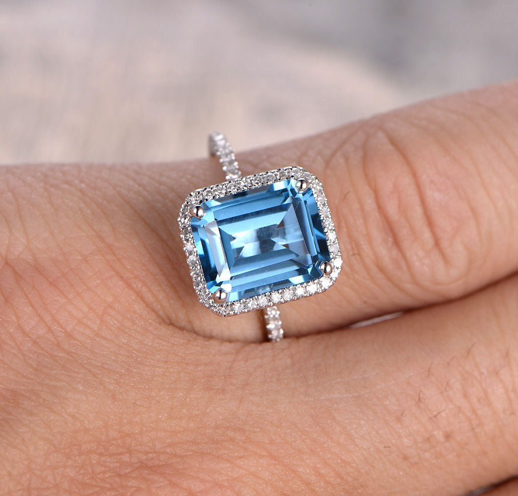 Emerald cut Blue Topaz Engagement Ring Diamond Halo 14K White Gold - Lord of Gem Rings