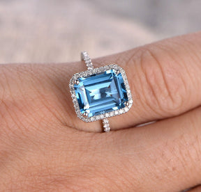 Emerald cut Blue Topaz Engagement Ring Diamond Halo 14K White Gold - Lord of Gem Rings