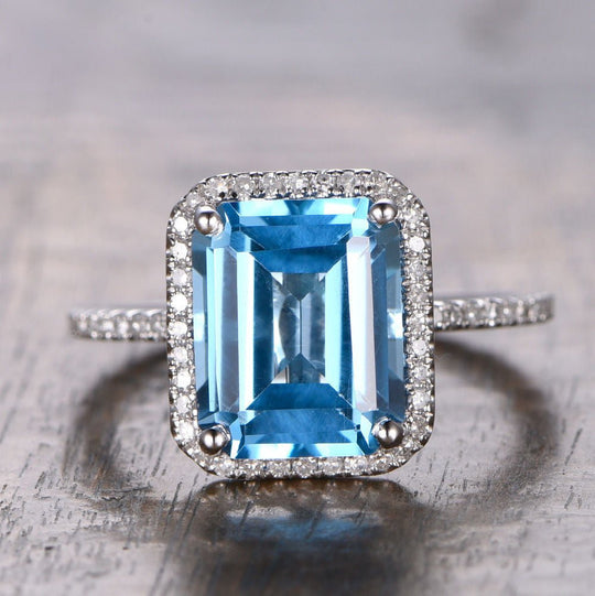 Emerald cut Blue Topaz Engagement Ring Diamond Halo 14K White Gold