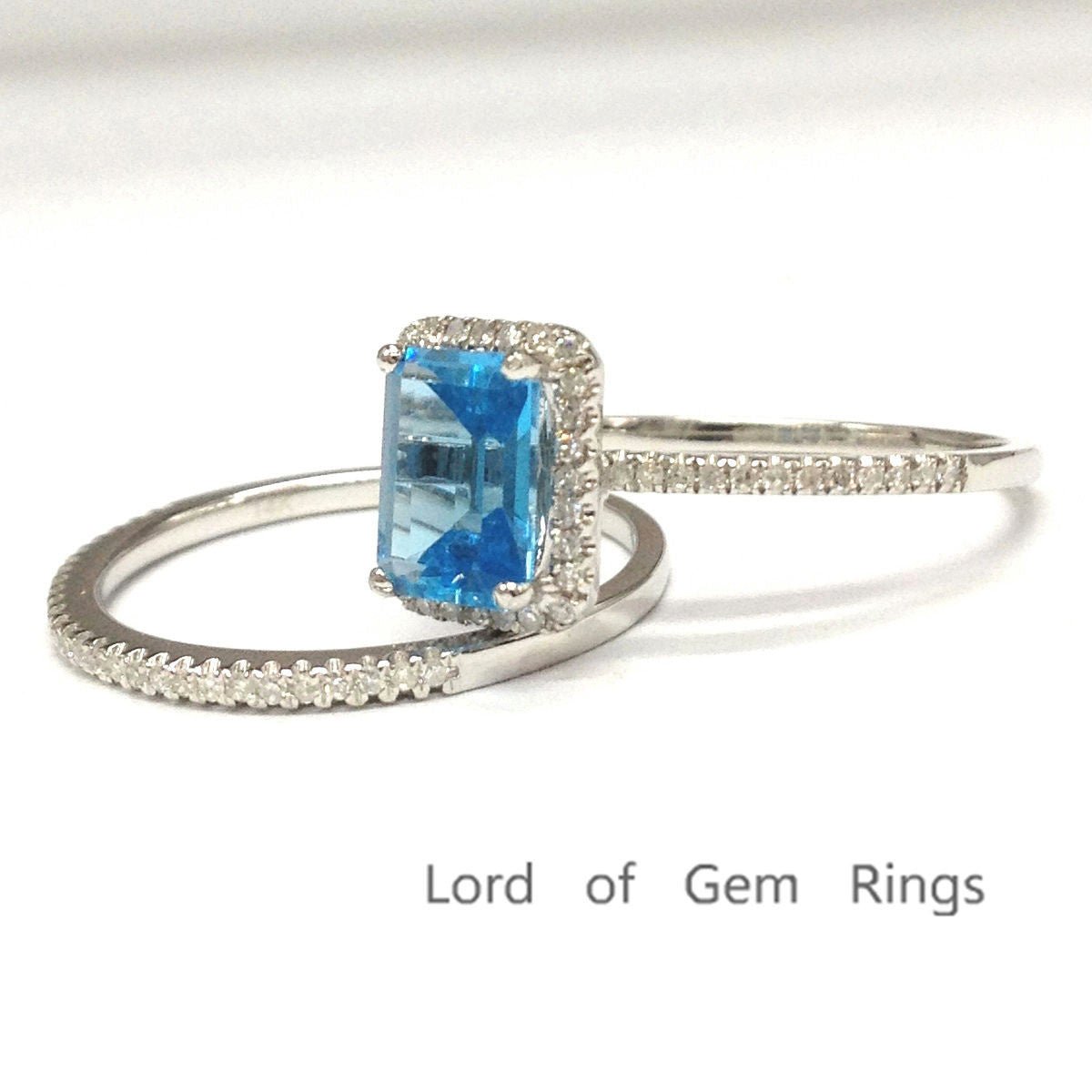 Emerald Cut Blue Topaz Engagment Ring Sets Pave Diamond Wedding 14K White Gold 6x8mm - Lord of Gem Rings