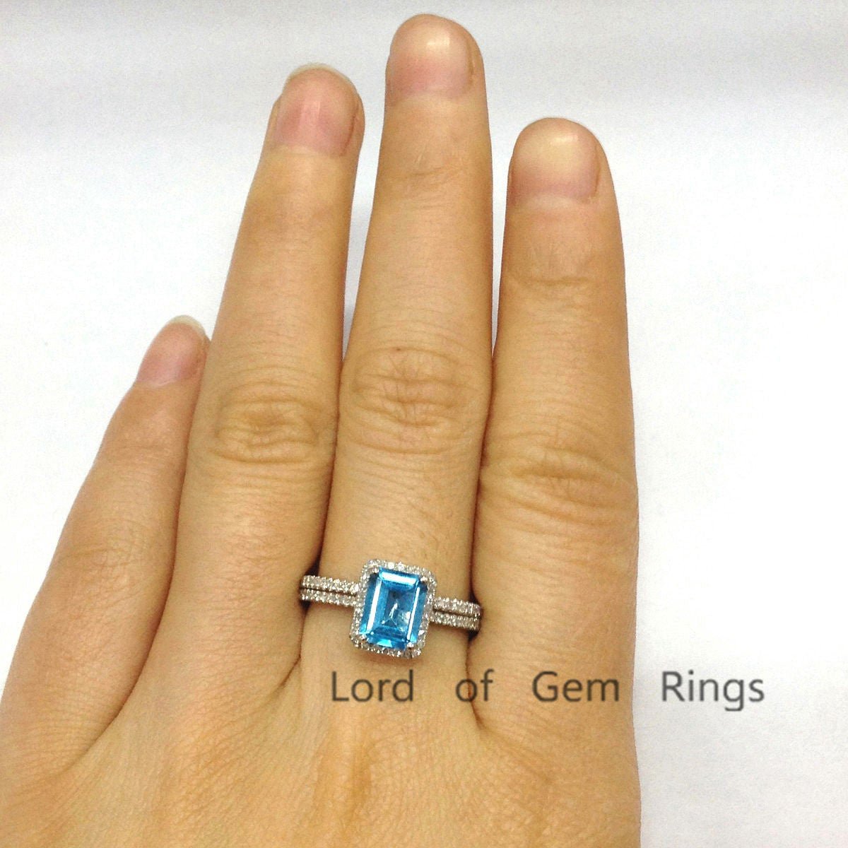 Emerald Cut Blue Topaz Engagment Ring Sets Pave Diamond Wedding 14K White Gold 6x8mm - Lord of Gem Rings