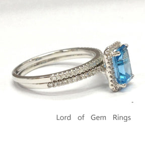 Emerald Cut Blue Topaz Engagment Ring Sets Pave Diamond Wedding 14K White Gold 6x8mm - Lord of Gem Rings