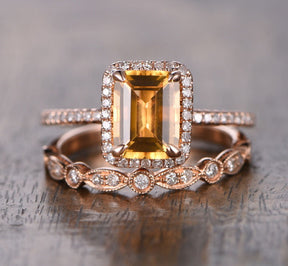 Emerald Cut Citrine Diamond Art Deco Bridal Set 14K Rose Gold - Lord of Gem Rings