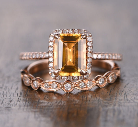Emerald Cut Citrine Diamond Art Deco Bridal Set 14K Rose Gold