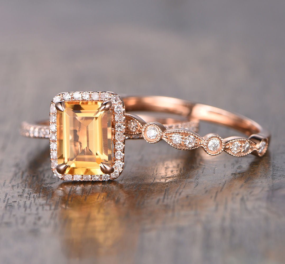 Emerald Cut Citrine Diamond Art Deco Bridal Set 14K Rose Gold - Lord of Gem Rings