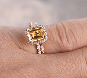 Emerald Cut Citrine Diamond Art Deco Bridal Set 14K Rose Gold - Lord of Gem Rings