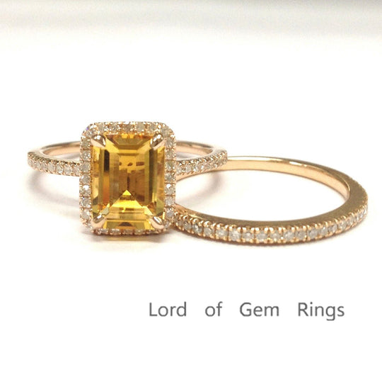 Emerald Cut Citrine Diamond Bridal Set 14K Rose Gold