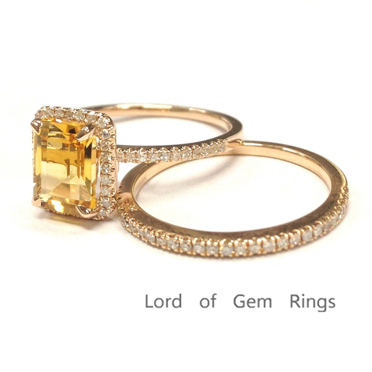 Emerald Cut Citrine Diamond Bridal Set 14K Rose Gold - Lord of Gem Rings