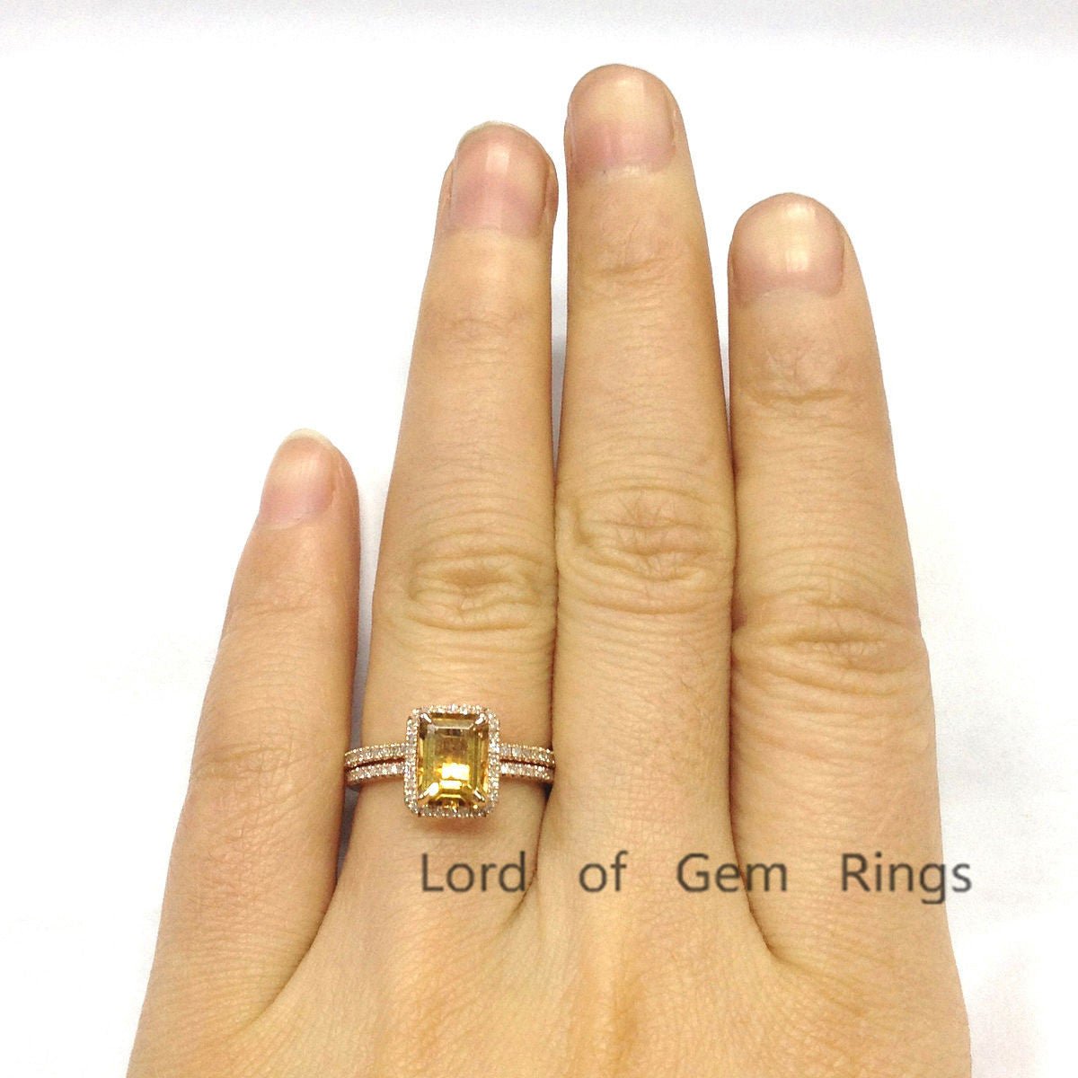 Emerald Cut Citrine Diamond Bridal Set 14K Rose Gold - Lord of Gem Rings