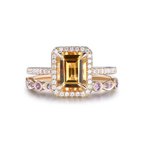 Emerald Cut Citrine Diamond Halo Ring Art Deco Amethyst Band Bridal Set - Lord of Gem Rings