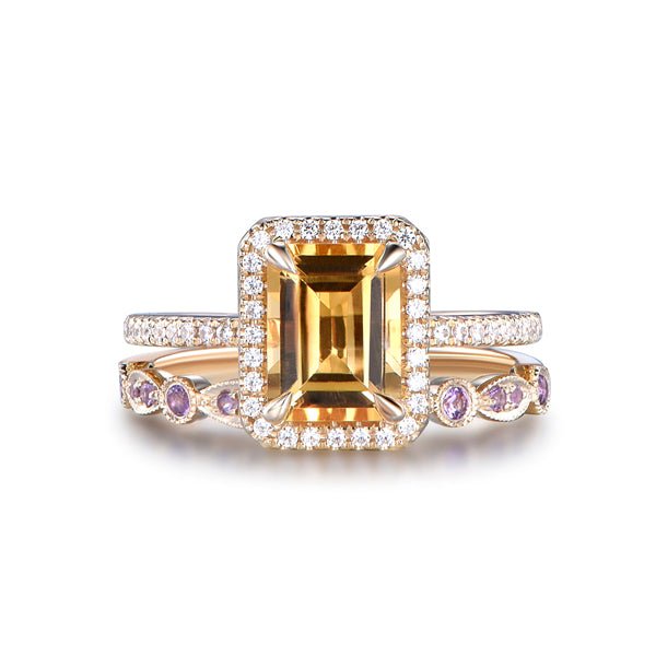 Emerald Cut Citrine Diamond Halo Ring Art Deco Amethyst Band Bridal Set - Lord of Gem Rings